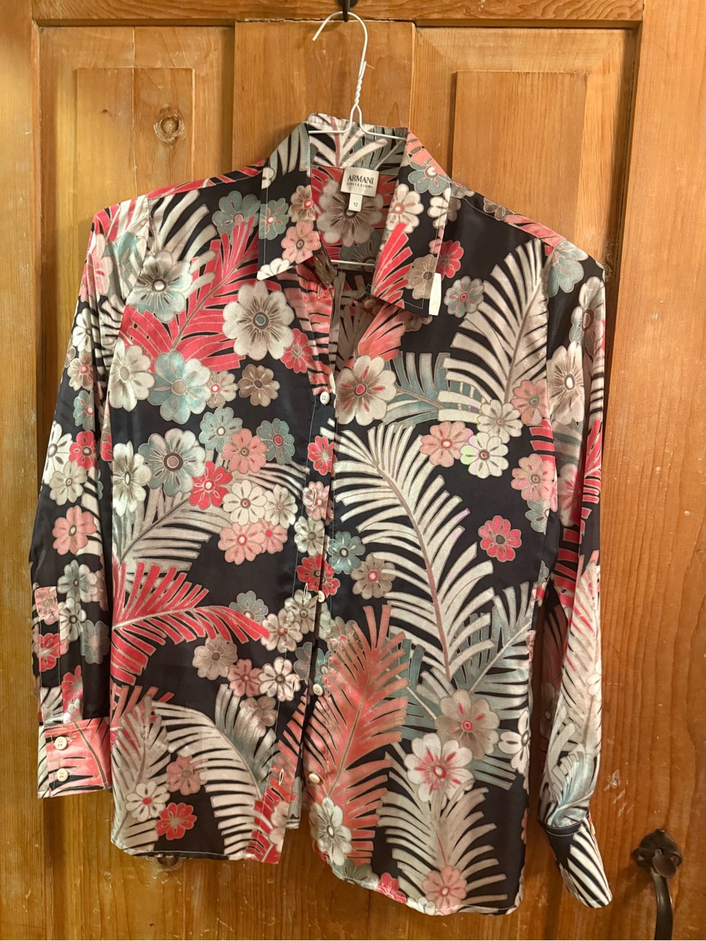 Armani Collezioni Black Floral Button-Down Shirt with Pink & Teal Accents
